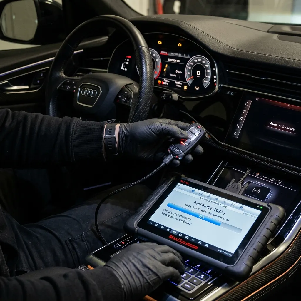 Locksmith programming a replacement car key transponder fob inside vehicle dashboard