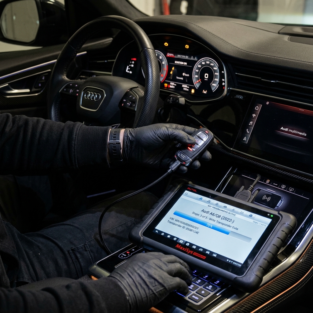 Locksmith programming a replacement car key transponder fob inside vehicle dashboard