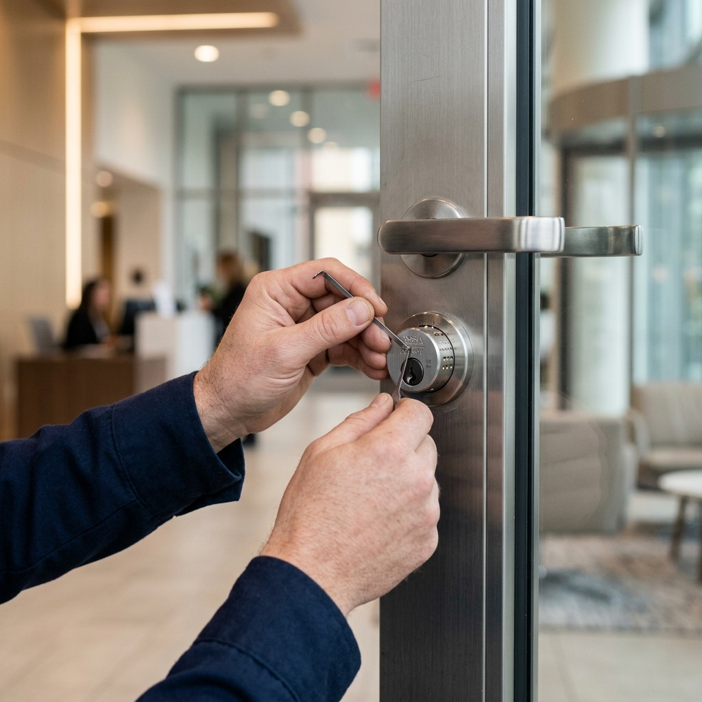 Lockmaster installing a commercial master key cylinder on an office glass entry door