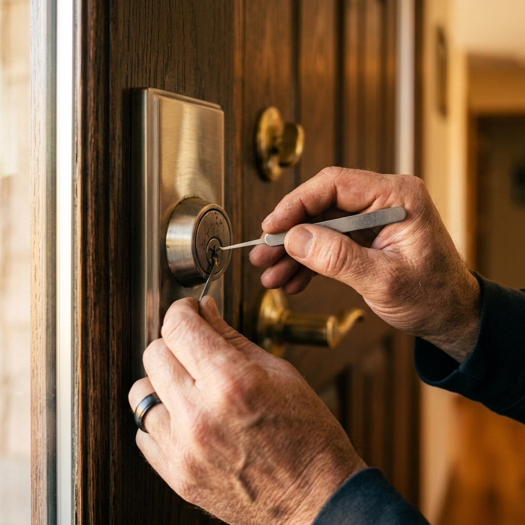 Locksmith hands using professional pick tools to unlock front door lock non-destructively