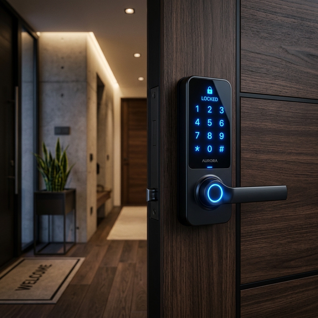 Sleek black digital smart door lock with touch keypad and fingerprint scanner fitted to modern wood door